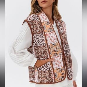 Quilted Patchwork Floral Vest - brown